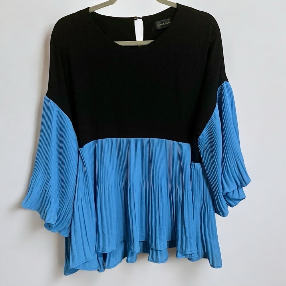 Lilith Paris Bubble Flowy Colorblock Pleated Blue Black Blouse Top Large